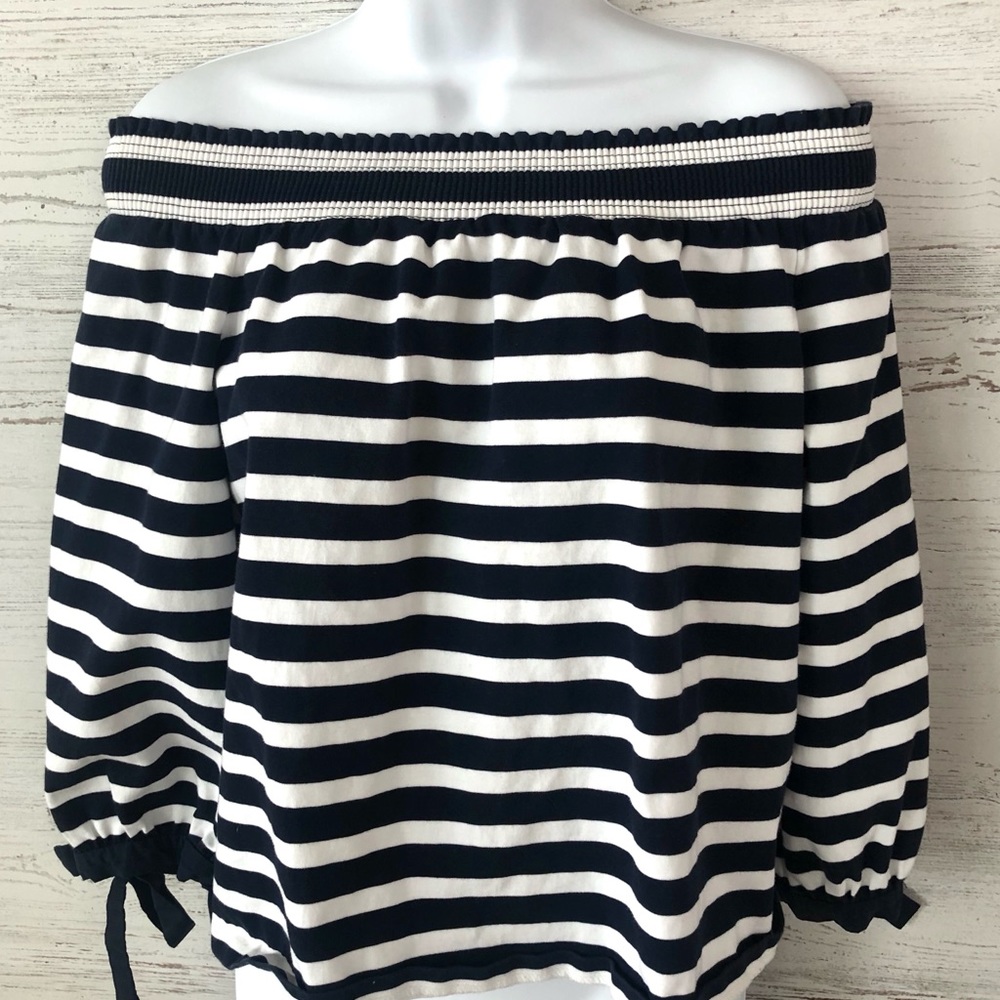 J. Crew Black and White Striped Off-Shoulder Blouse